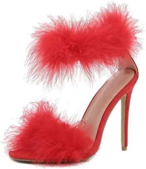 JOEupin Women's Feather Open Toe Fluffy Fur High Heel Ankle Strap Stiletto Pump for Wedding Party Prom Shoes