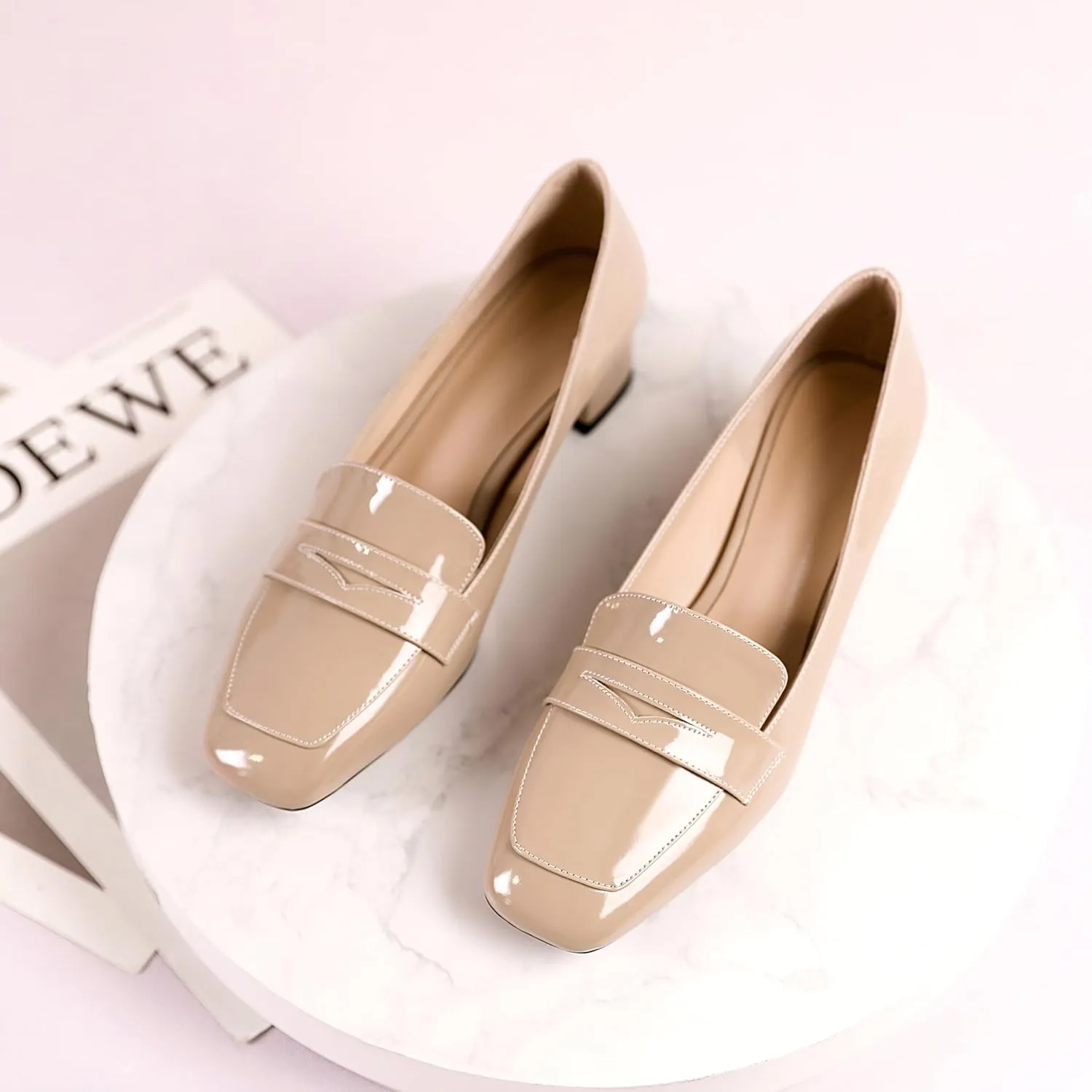 Joseywade Women Low Block Chunky Heel Pumps Slip On 1.5 Inch Square Toe Comfort Shoes