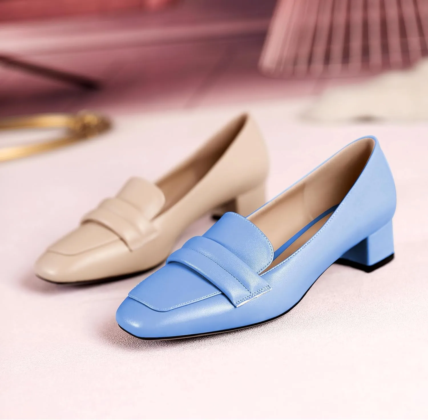 Joseywade Women Low Block Chunky Heel Pumps Square Toe Slip On 1.5'' Closed Toe Loafer Shoes for Wedding Office Evening Workplace