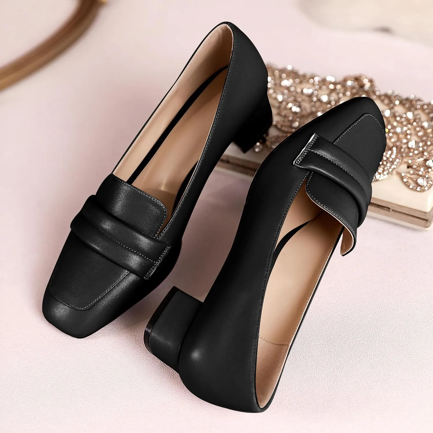 Joseywade Women Low Block Chunky Heel Pumps Square Toe Slip On 1.5'' Closed Toe Loafer Shoes for Wedding Office Evening Workplace