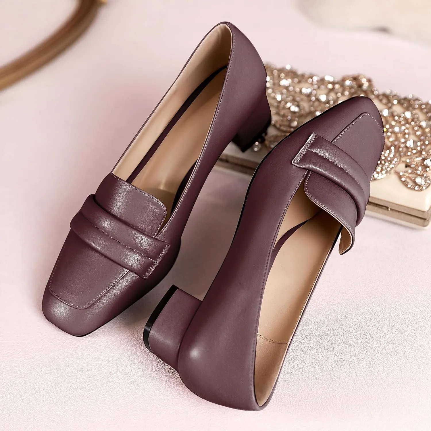Joseywade Women Low Block Chunky Heel Pumps Square Toe Slip On 1.5'' Closed Toe Loafer Shoes for Wedding Office Evening Workplace
