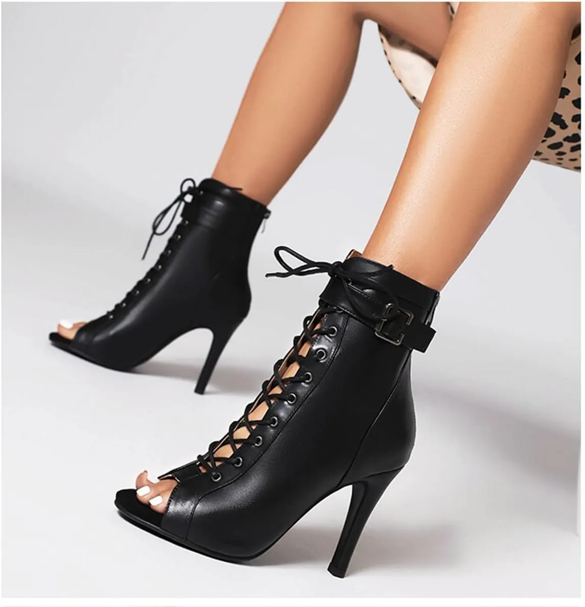 JXUZY Jazz Tango Ballroom Dance Ankle Booties for Women Peep Toe Lace-up Buckle Prom Shoes