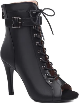 JXUZY Jazz Tango Ballroom Dance Ankle Booties for Women Peep Toe Lace-up Buckle Prom Shoes