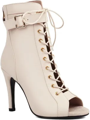 JXUZY Jazz Tango Ballroom Dance Ankle Booties for Women Peep Toe Lace-up Buckle Prom Shoes