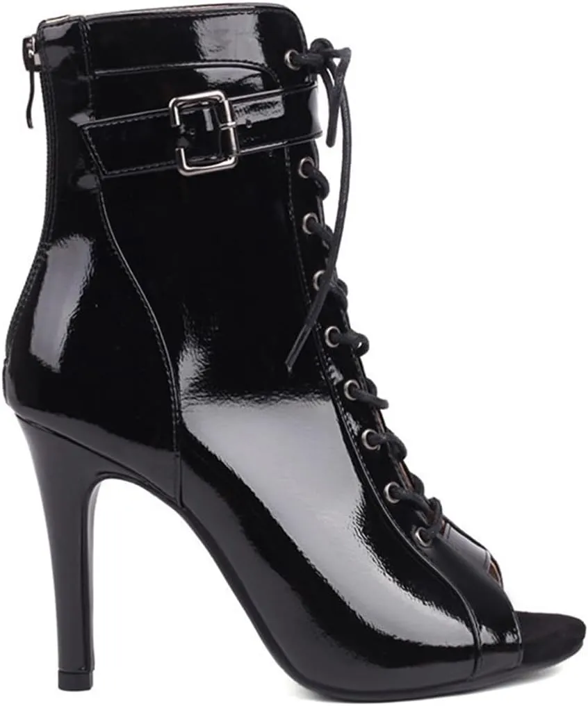 JXUZY Jazz Tango Ballroom Dance Ankle Booties for Women Peep Toe Lace-up Buckle Prom Shoes