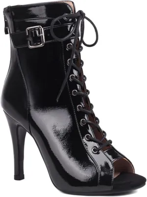 JXUZY Jazz Tango Ballroom Dance Ankle Booties for Women Peep Toe Lace-up Buckle Prom Shoes