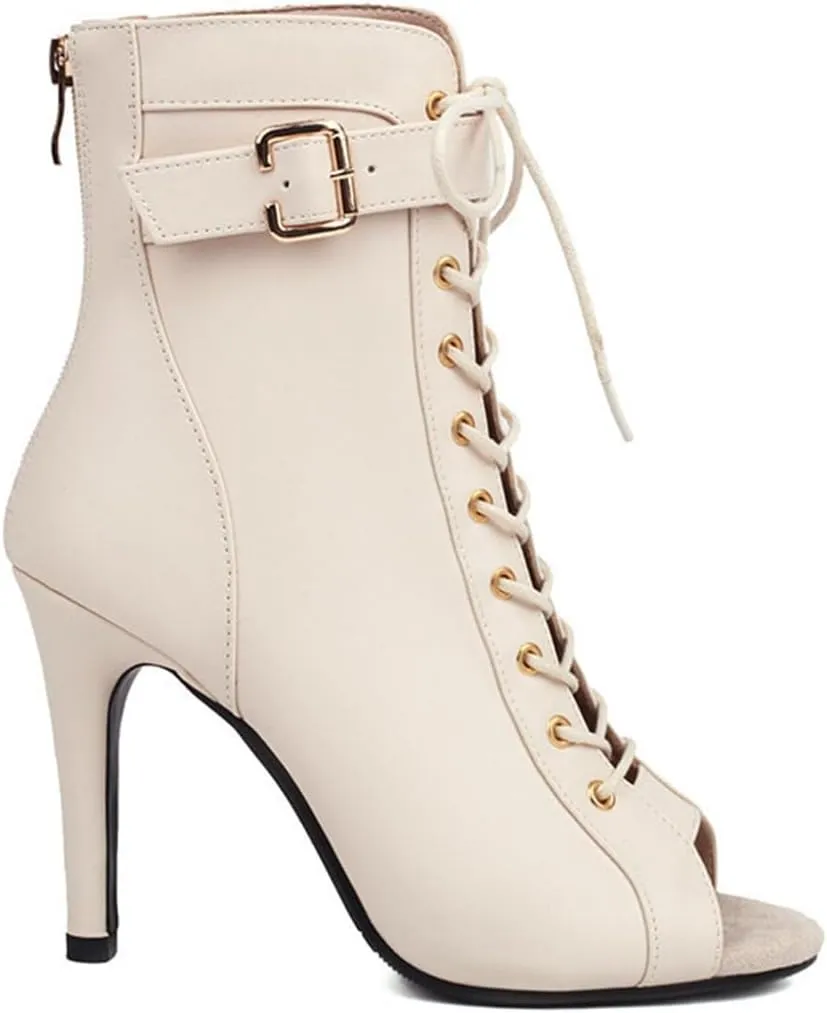 JXUZY Jazz Tango Ballroom Dance Ankle Booties for Women Peep Toe Lace-up Buckle Prom Shoes