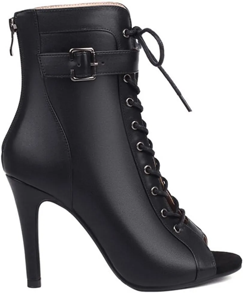 JXUZY Jazz Tango Ballroom Dance Ankle Booties for Women Peep Toe Lace-up Buckle Prom Shoes
