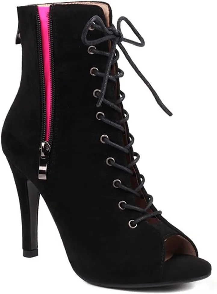 JXUZY Women's Cross Strap Lace-up Peep Toe Jazz Ballroom Pole Dance Ankle Boots