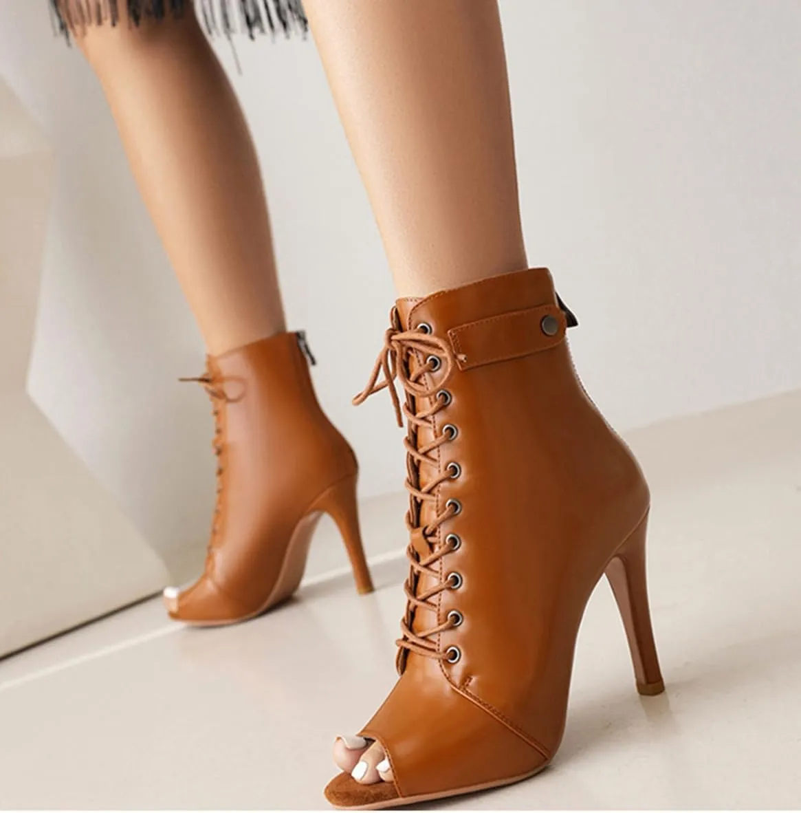 JXUZY Women's Cross Strap Lace-up Peep Toe Jazz Ballroom Pole Dance Ankle Boots