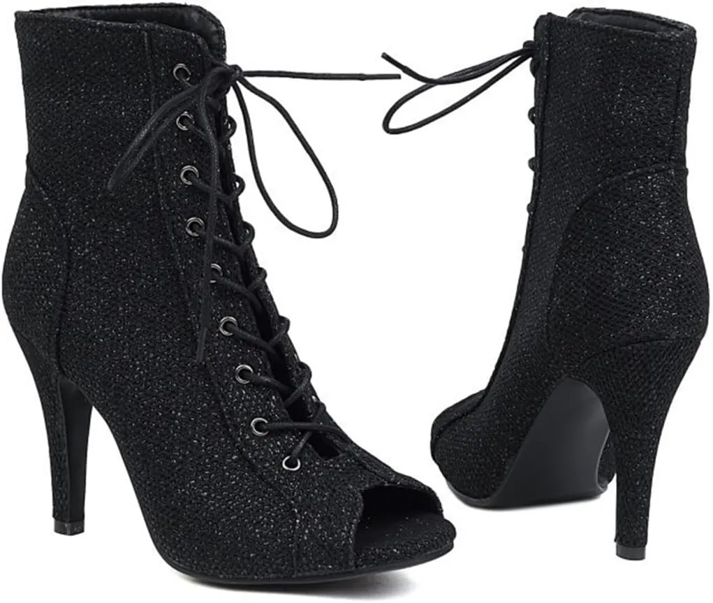 JXUZY Women's Cross Strap Lace-up Peep Toe Jazz Ballroom Pole Dance Ankle Boots