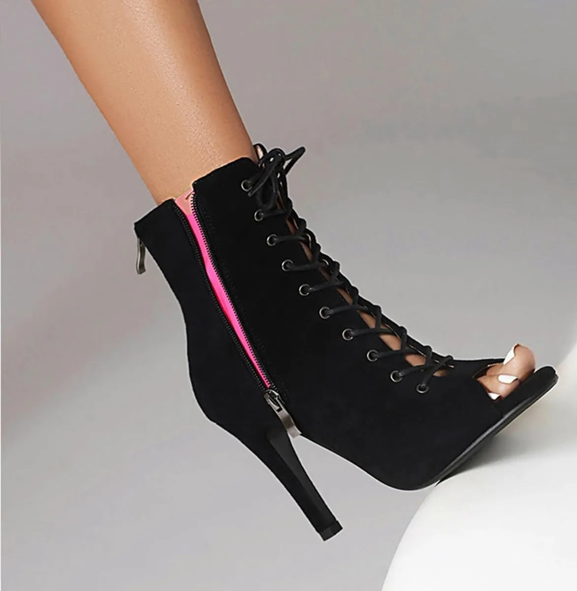 JXUZY Women's Cross Strap Lace-up Peep Toe Jazz Ballroom Pole Dance Ankle Boots