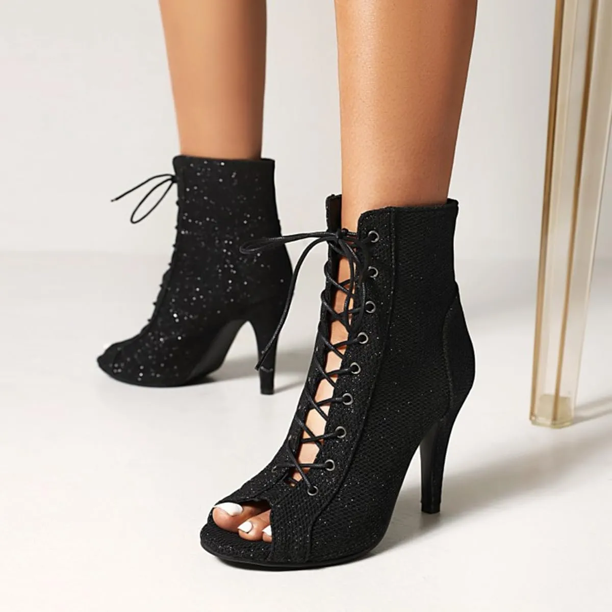 JXUZY Women's Cross Strap Lace-up Peep Toe Jazz Ballroom Pole Dance Ankle Boots