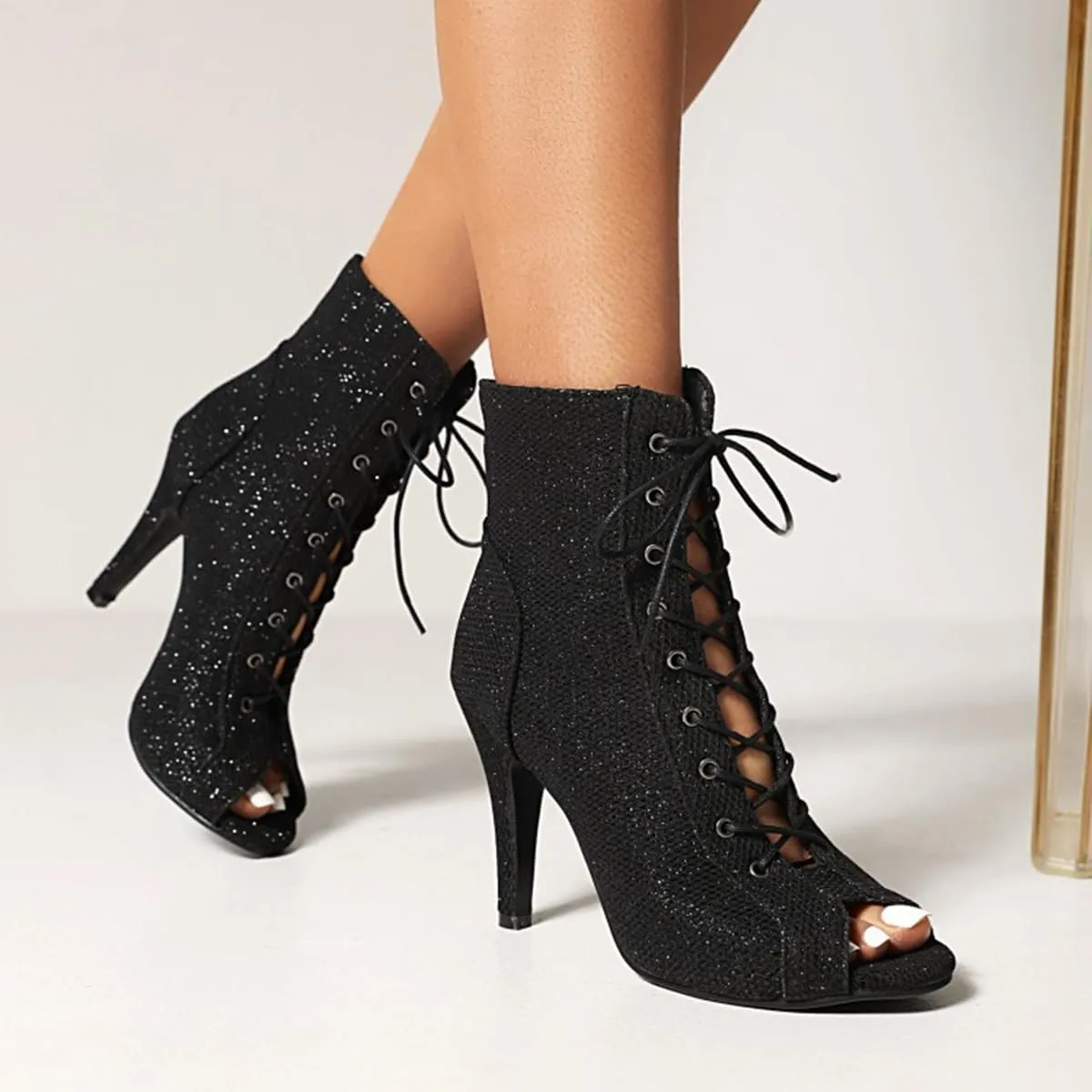 JXUZY Women's Cross Strap Lace-up Peep Toe Jazz Ballroom Pole Dance Ankle Boots