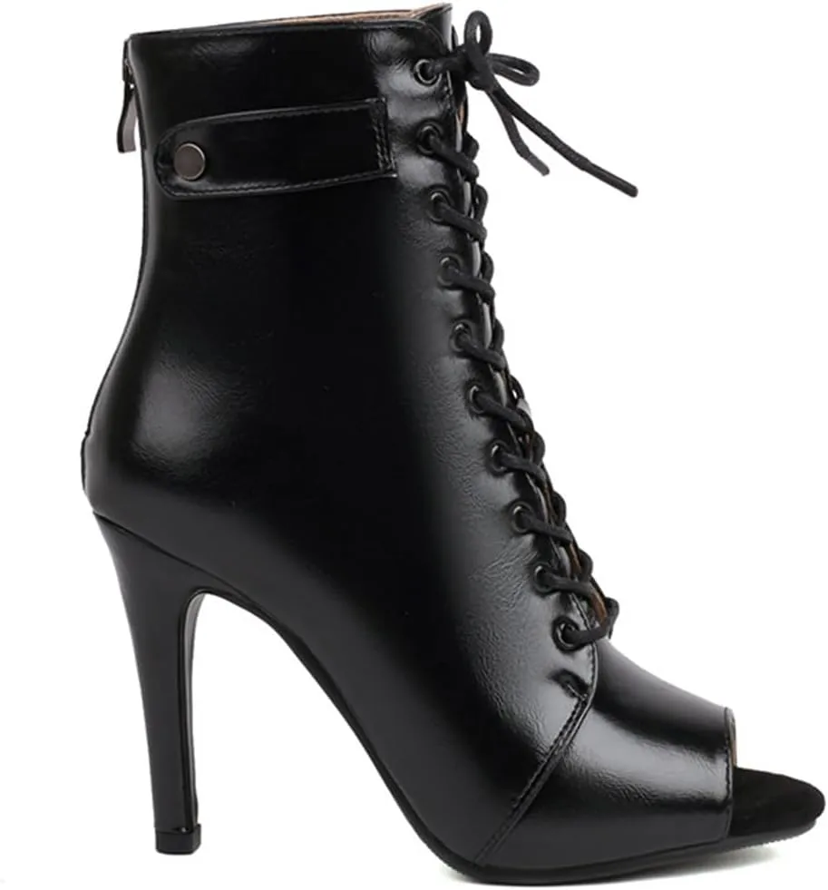 JXUZY Women's Cross Strap Lace-up Peep Toe Jazz Ballroom Pole Dance Ankle Boots