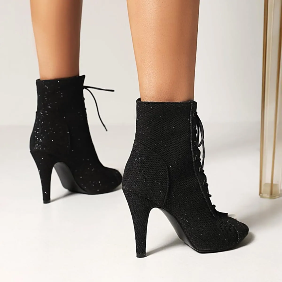 JXUZY Women's Cross Strap Lace-up Peep Toe Jazz Ballroom Pole Dance Ankle Boots