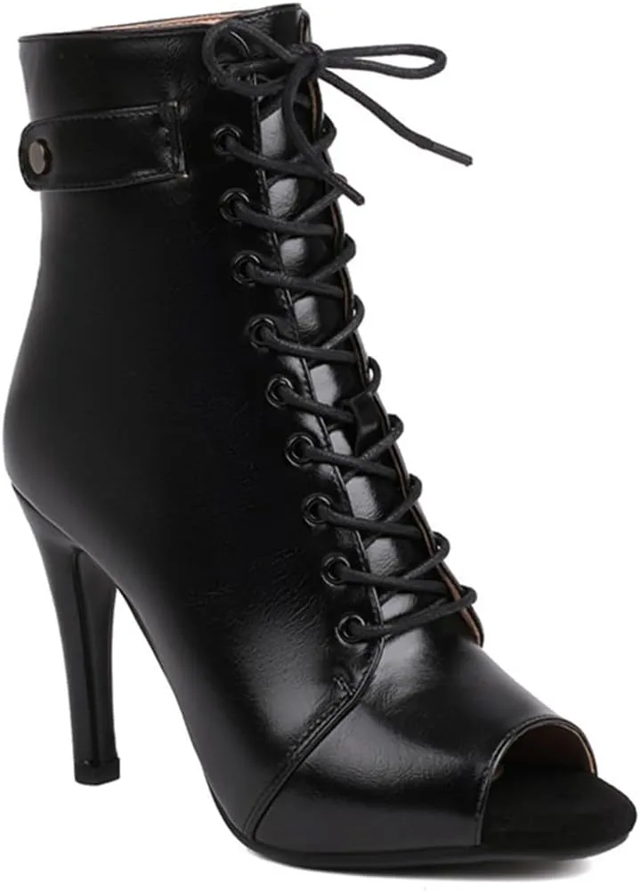 JXUZY Women's Cross Strap Lace-up Peep Toe Jazz Ballroom Pole Dance Ankle Boots