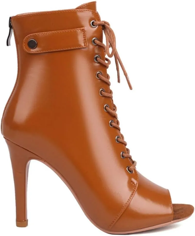 JXUZY Women's Cross Strap Lace-up Peep Toe Jazz Ballroom Pole Dance Ankle Boots