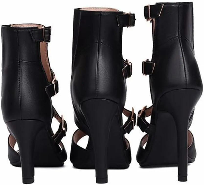 JXUZY Womens Summer Cut-out Buckle Stiletto Shoes Jazz Modern Pole Dance Sandals Ankle Boots