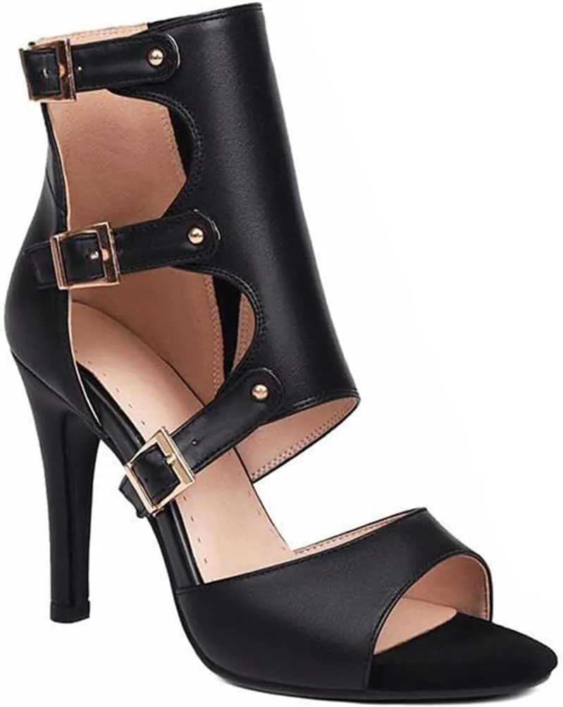 JXUZY Womens Summer Cut-out Buckle Stiletto Shoes Jazz Modern Pole Dance Sandals Ankle Boots