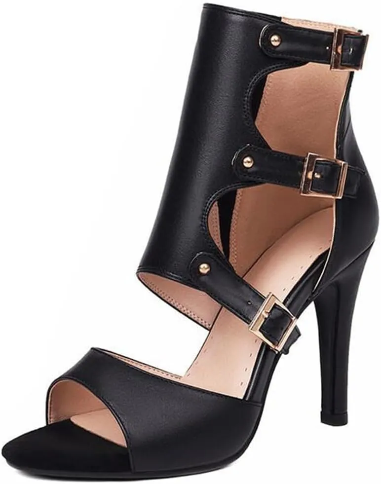 JXUZY Womens Summer Cut-out Buckle Stiletto Shoes Jazz Modern Pole Dance Sandals Ankle Boots