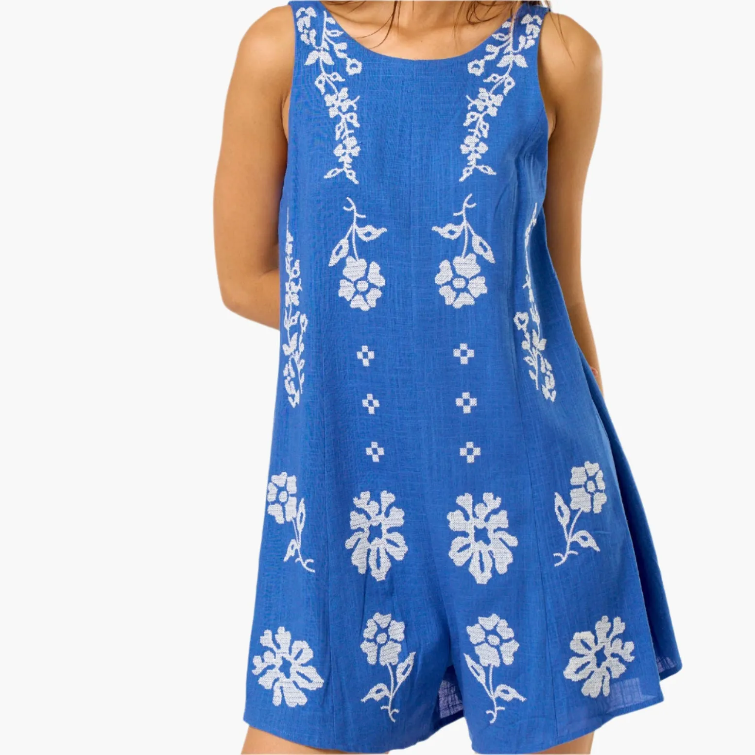 Lapis Linen Floral Embroidered Romper