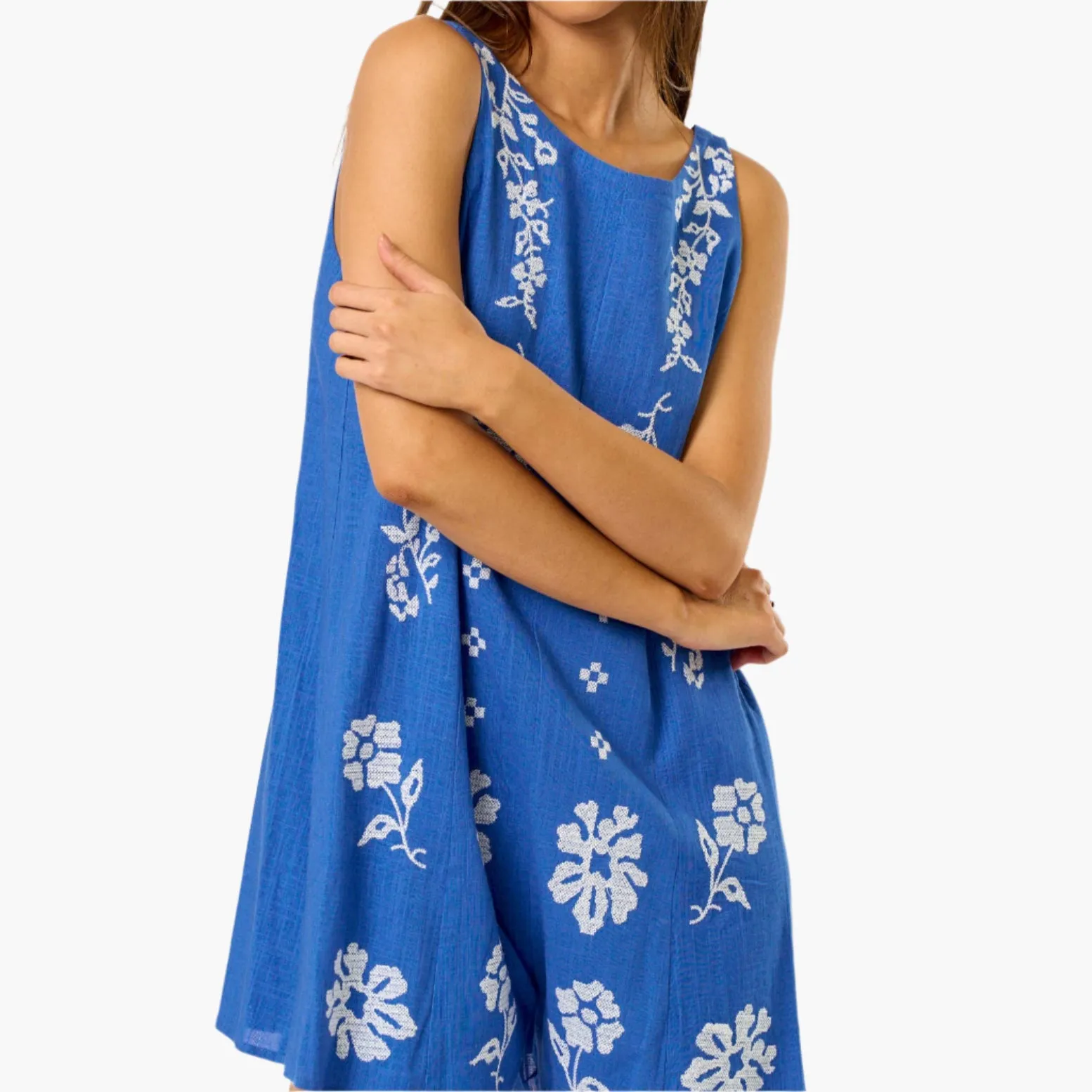 Lapis Linen Floral Embroidered Romper