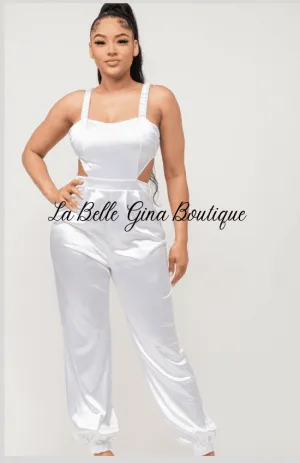 Laura Open Bow Tie Elastic Shirring Detail Jumpsuit-White