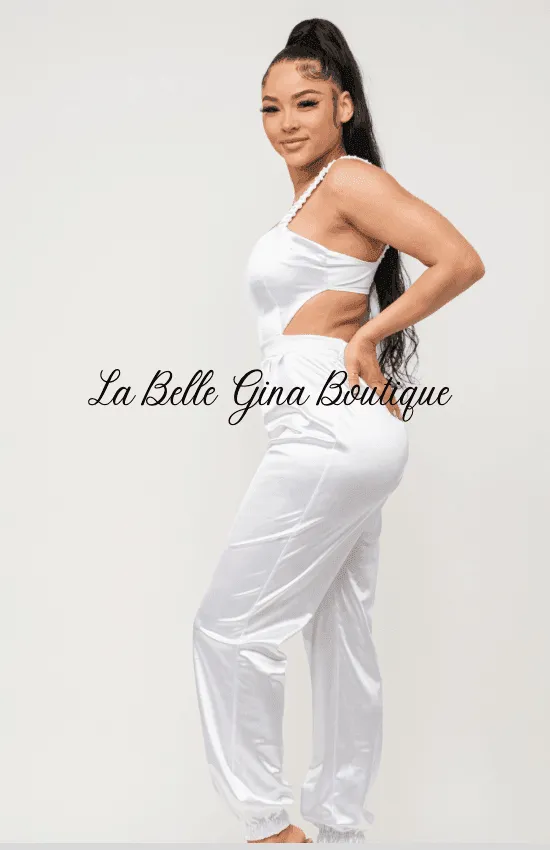 Laura Open Bow Tie Elastic Shirring Detail Jumpsuit-White