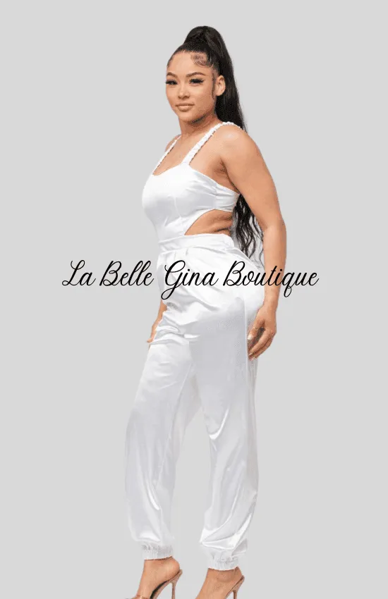 Laura Open Bow Tie Elastic Shirring Detail Jumpsuit-White