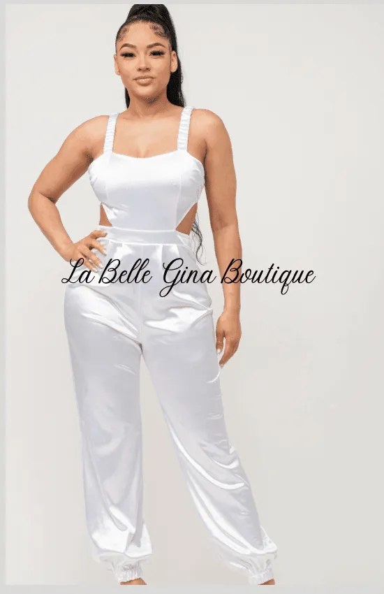 Laura Open Bow Tie Elastic Shirring Detail Jumpsuit-White