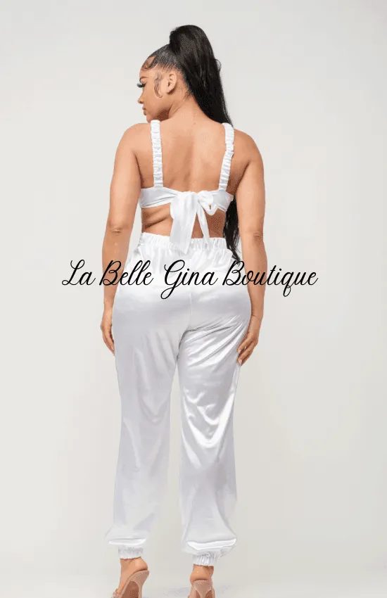 Laura Open Bow Tie Elastic Shirring Detail Jumpsuit-White