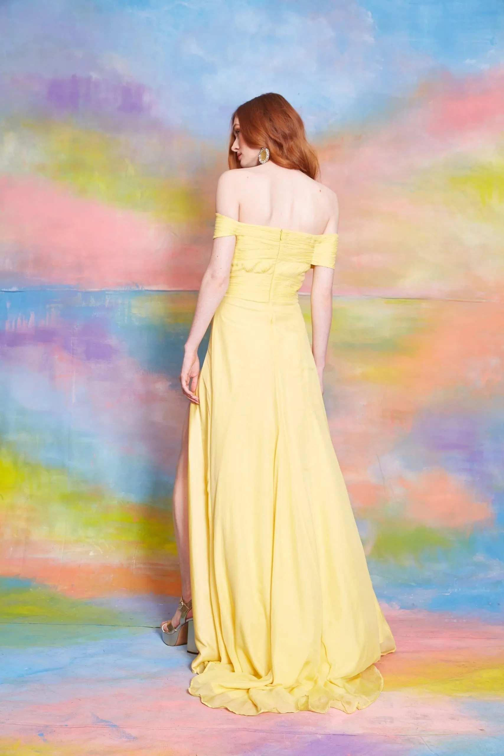 Lavanya Coodly Women's Francesca Off The Shoulder Floor Length Dress with High Slit in Daffodil