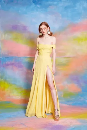 Lavanya Coodly Women's Francesca Off The Shoulder Floor Length Dress with High Slit in Daffodil
