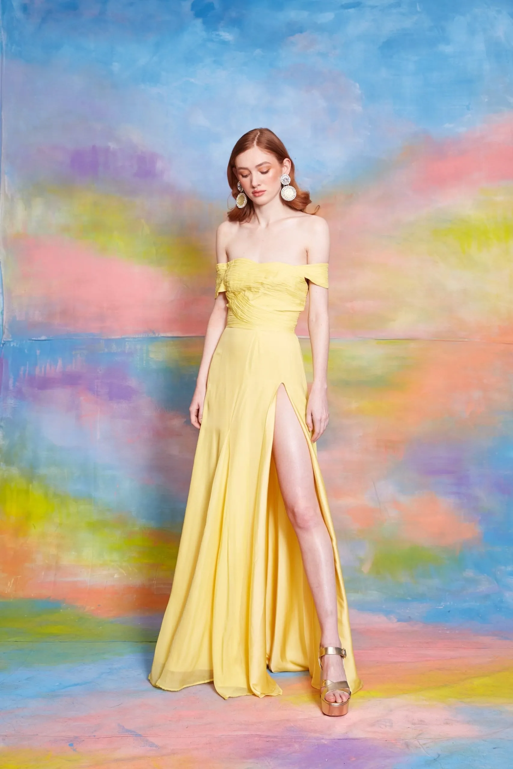 Lavanya Coodly Women's Francesca Off The Shoulder Floor Length Dress with High Slit in Daffodil