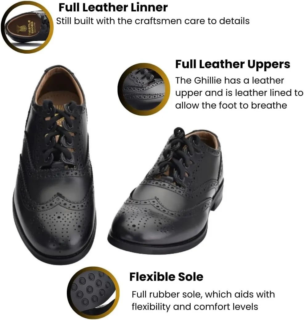 Leather Ghillie Brogue Kilt Shoes Traditional Scottish Piper and Highland Outfit Wedding Shoes Featuring Extra Long Laces & Leather Tassels Style Eco with Rubber Sole Color - Black Sizes -7-15