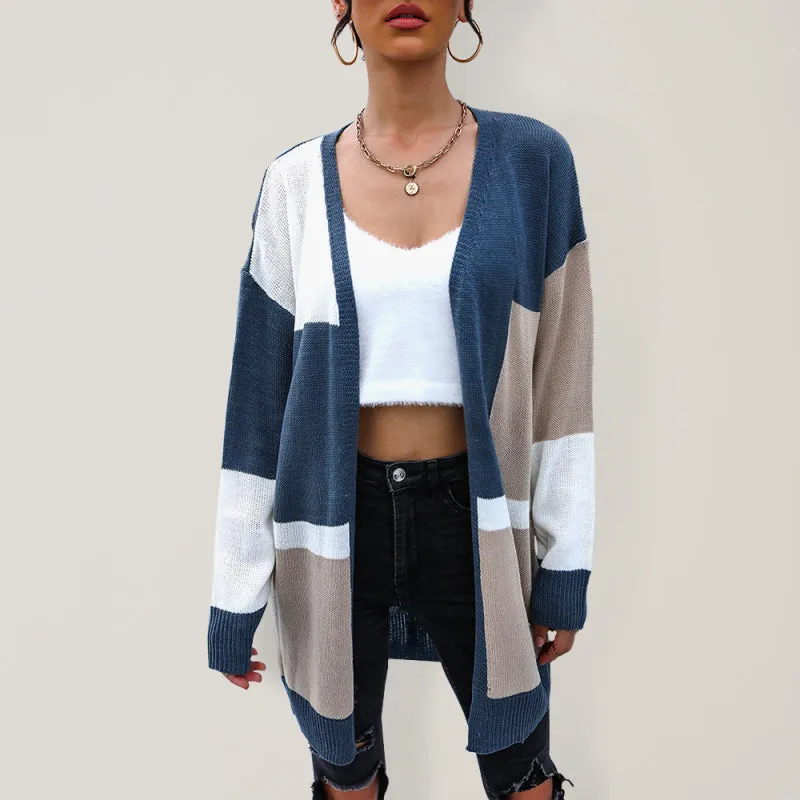 Loose Fit Color Block Knitted Cardigan