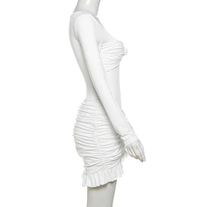 Luxe Long-Sleeve White Bodycon Mini Dress with Ruched Knot Detail and Ruffled Hemline