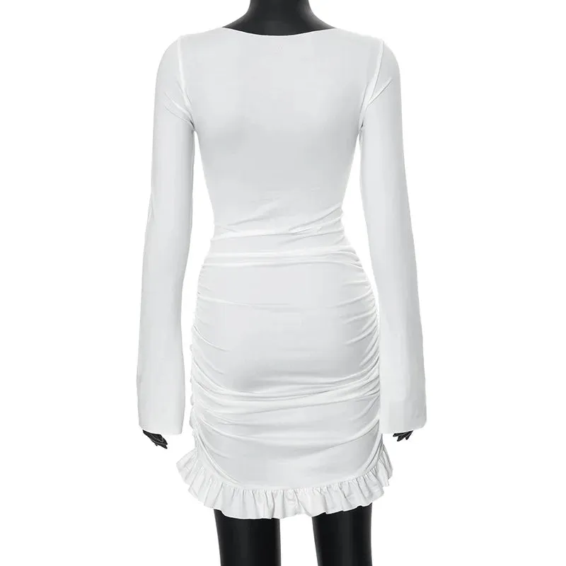 Luxe Long-Sleeve White Bodycon Mini Dress with Ruched Knot Detail and Ruffled Hemline