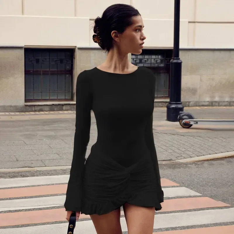 Luxe Long-Sleeve White Bodycon Mini Dress with Ruched Knot Detail and Ruffled Hemline