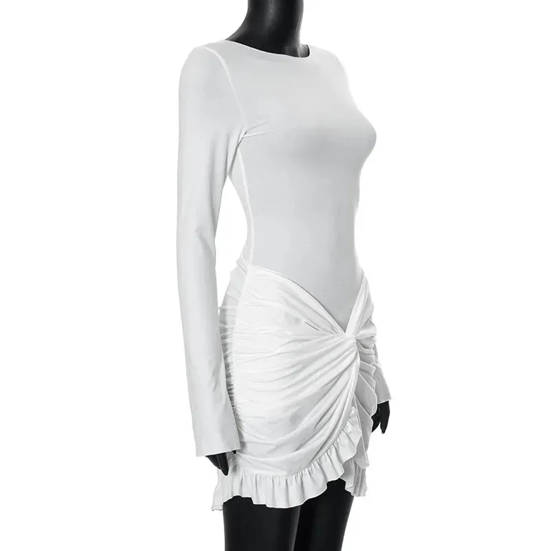 Luxe Long-Sleeve White Bodycon Mini Dress with Ruched Knot Detail and Ruffled Hemline