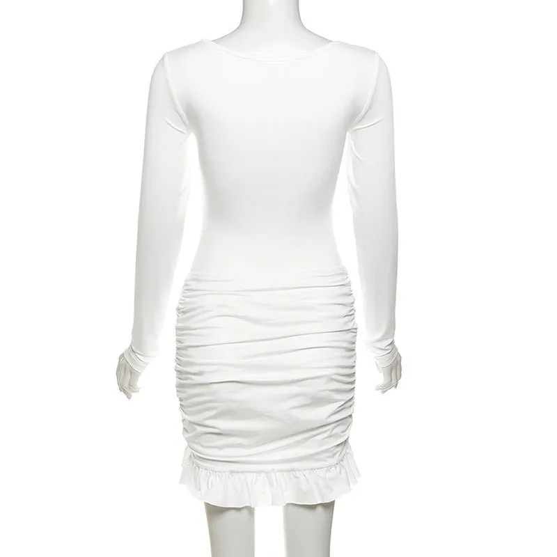 Luxe Long-Sleeve White Bodycon Mini Dress with Ruched Knot Detail and Ruffled Hemline