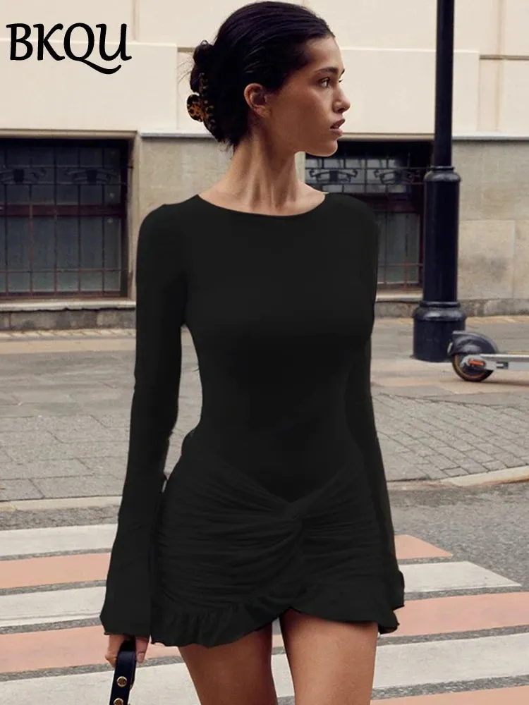 Luxe Long-Sleeve White Bodycon Mini Dress with Ruched Knot Detail and Ruffled Hemline