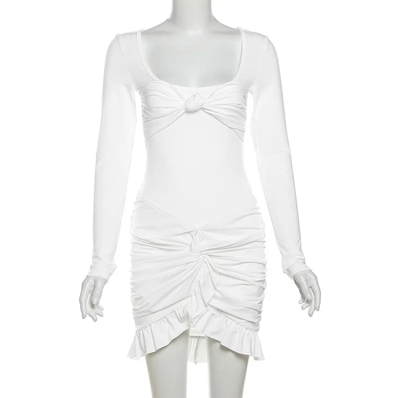 Luxe Long-Sleeve White Bodycon Mini Dress with Ruched Knot Detail and Ruffled Hemline