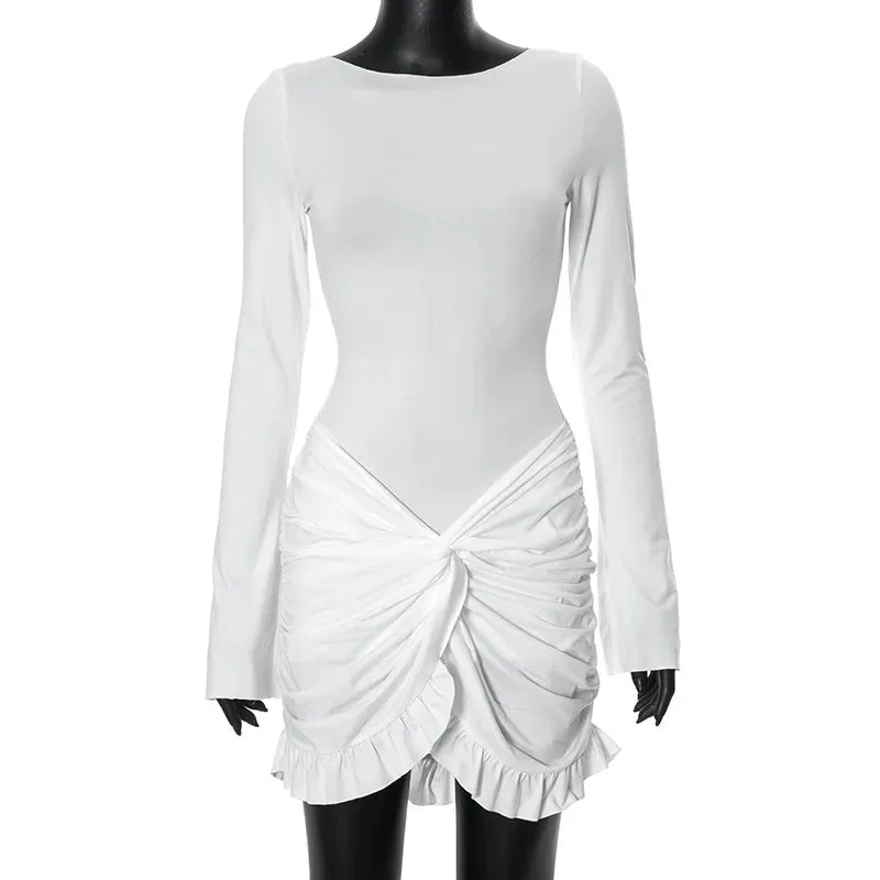 Luxe Long-Sleeve White Bodycon Mini Dress with Ruched Knot Detail and Ruffled Hemline