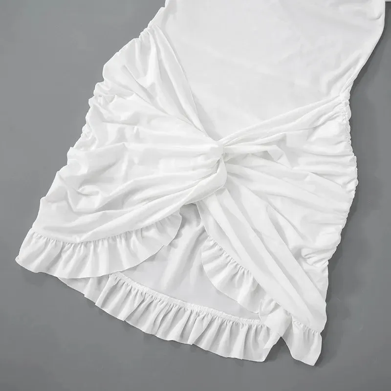 Luxe Long-Sleeve White Bodycon Mini Dress with Ruched Knot Detail and Ruffled Hemline