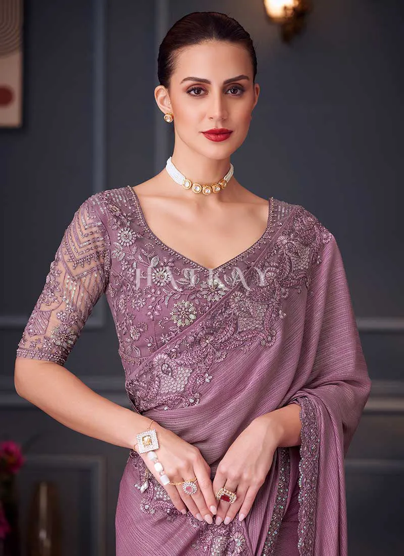 Mauve Purple Embroidery Designer Saree