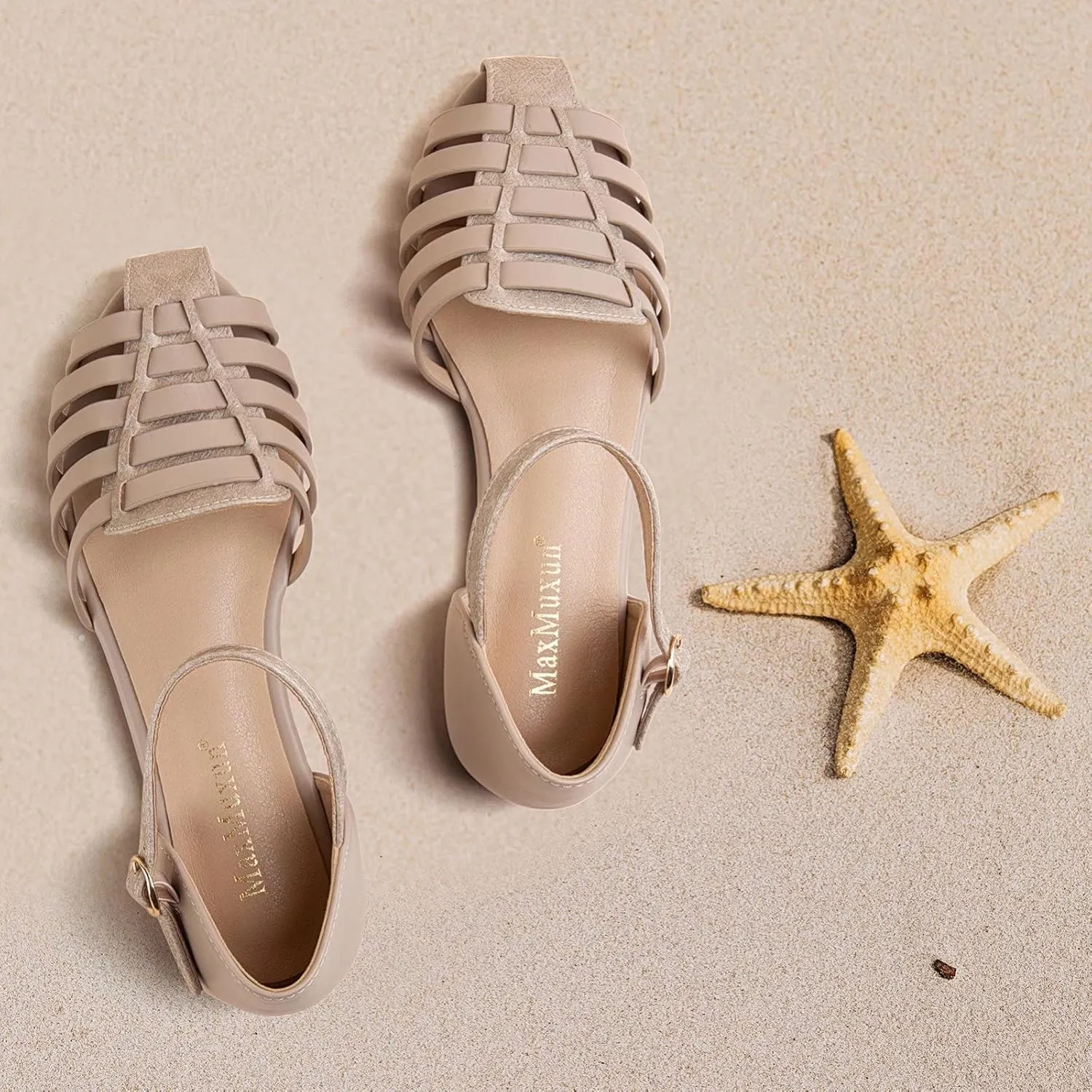 MaxMuxun Women's Closed Toe Flat Sandals Comfortable Ankle Strap Cut Out Cage Summer Roman Shoes