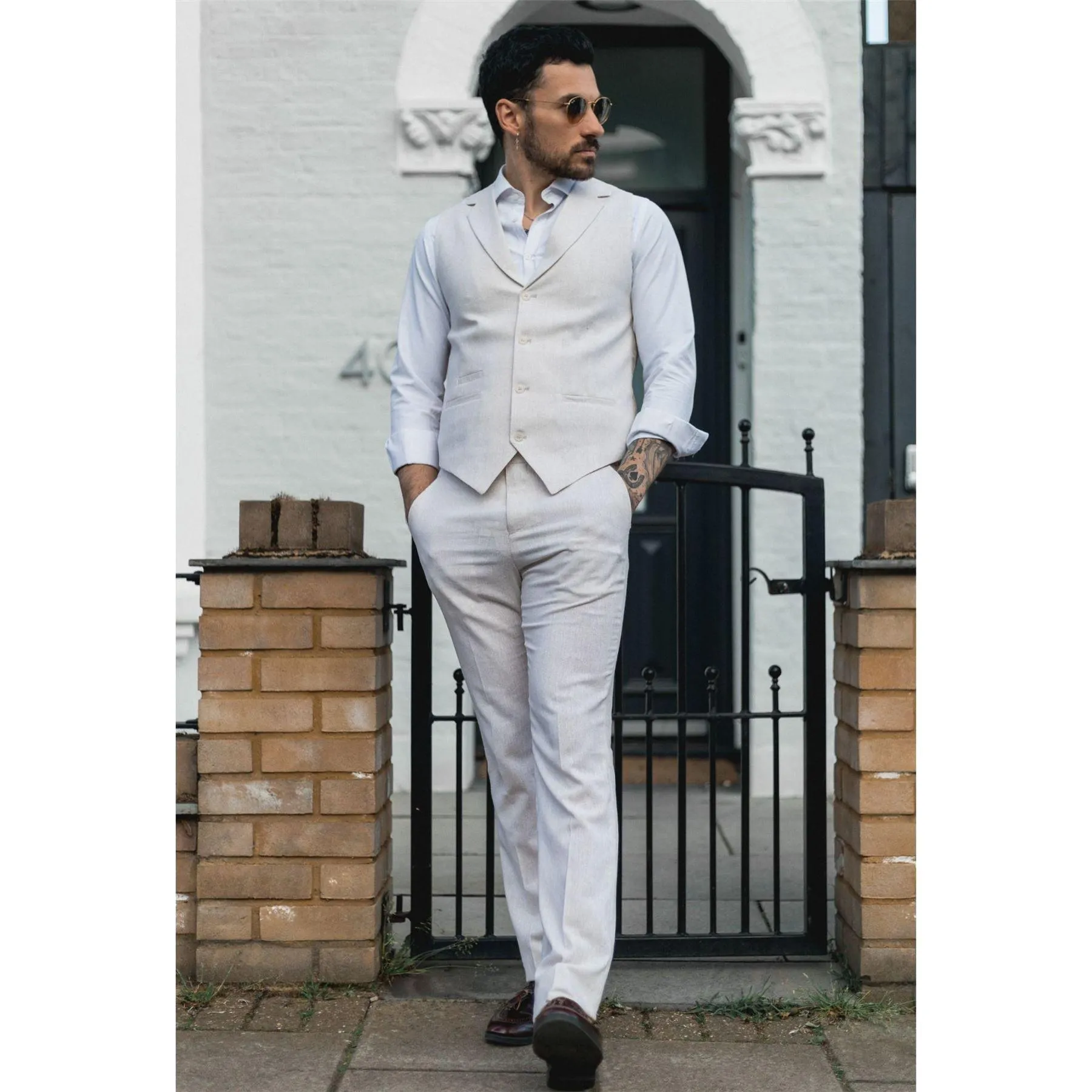 Mens Summer Suit Waistcoat Trousers Linen Smart Formal Cream Beige Wedding