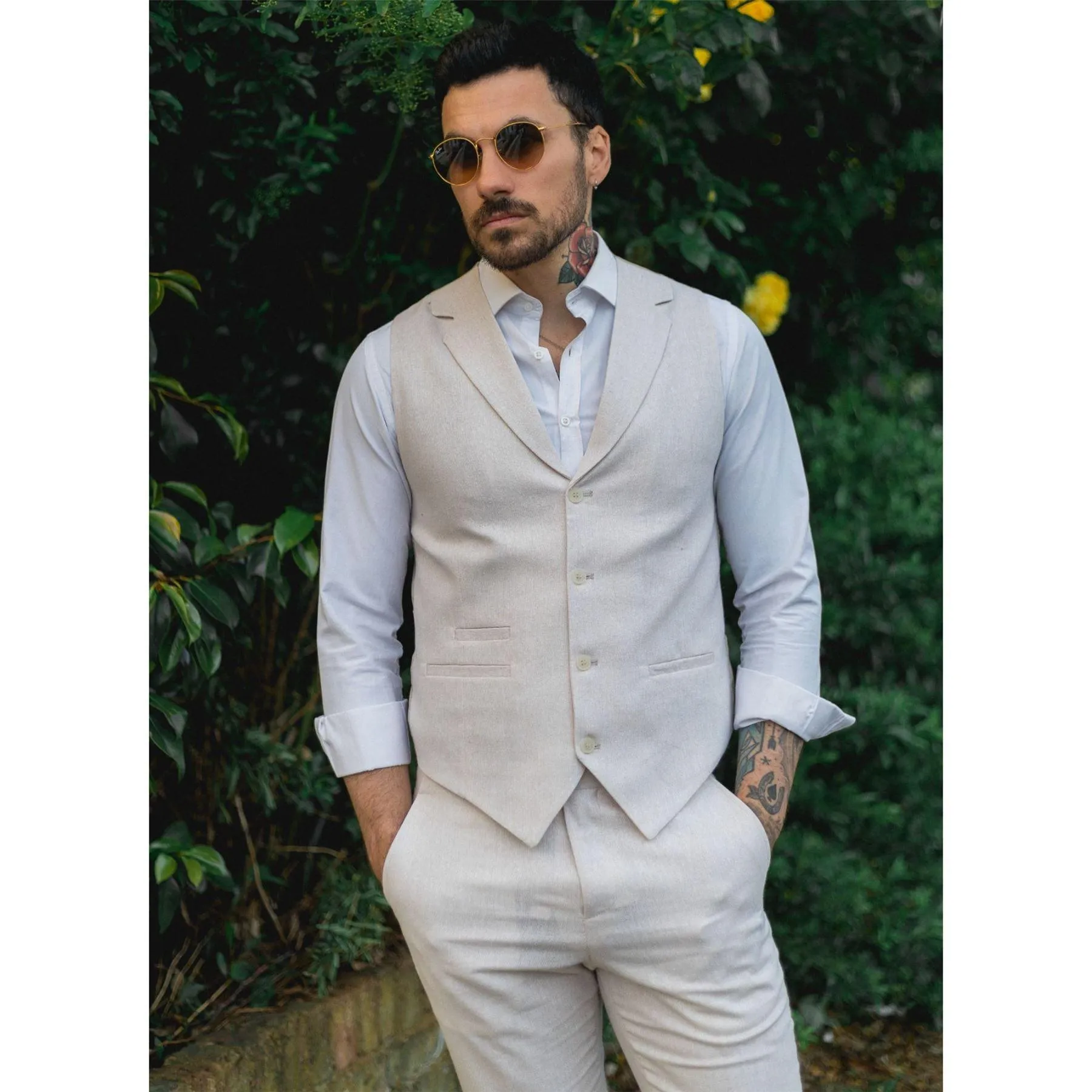 Mens Summer Suit Waistcoat Trousers Linen Smart Formal Cream Beige Wedding